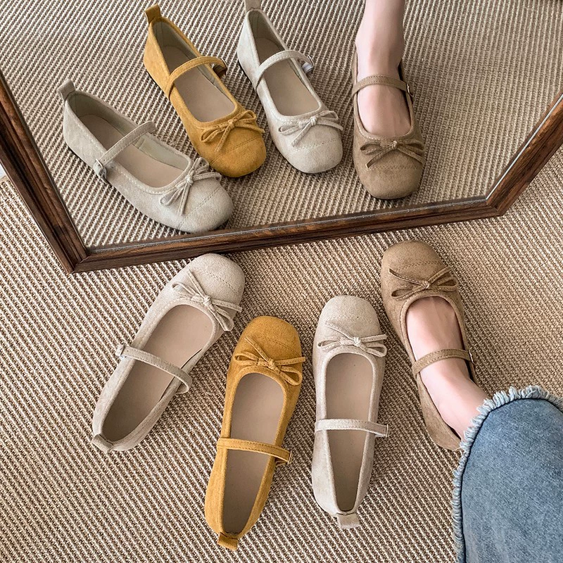 Французские ретро туфли Мэри Джейн из кожи для женщин, весна 2025, новый стиль, пряжка, ремешок, бант, квадратный носок, балетки