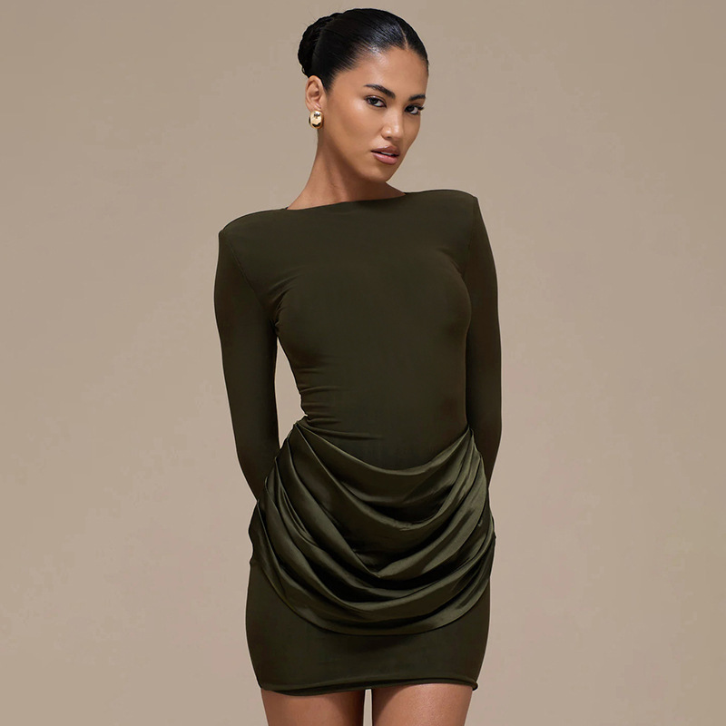 C25DS334 European and American women's fashion autumn and winter new solid color elegant casual slim-fit round-neck long-sleeve ruched short dress