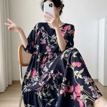新款棉绸睡裙女中长款连衣裙印花长袖大摆修身显瘦可外穿睡裙
