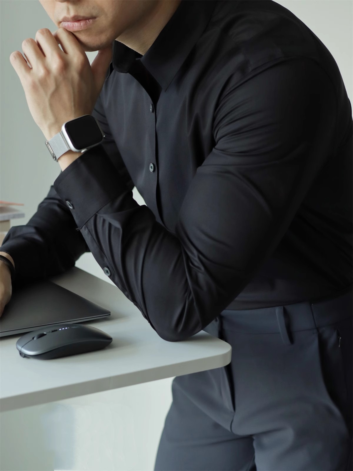 Abbigliamento da uomo, non stirabile, tinta unita, tecnologia nera a tre strati, senza cuciture, in fibra di bambù, a maniche lunghe, per il tempo libero, per lavoro, vestibilità comoda e aderente._voghion.com