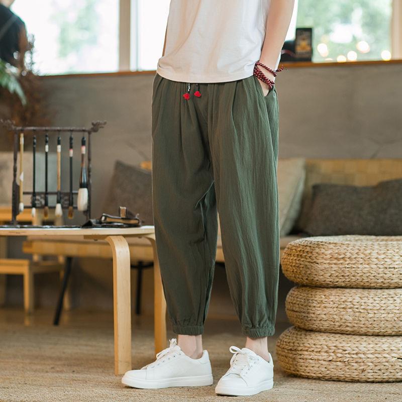 Pantalones anchos de algodón y lino, pantalones harem de estilo fino de verano para hombres, estilo chino, gordos sueltos de gran tamaño, pantalón de nueve puntos