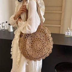 新しいスタイルの花柄レース編み込み草編みバッグ、手編みバッグ、大容量トートバッグ、女性用ビーチバッグ、海辺での休暇用ショルダーバッグ