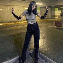 2022跨境高街潮直筒牛仔裤女装夏季新款水洗做旧拼接外贸休闲长裤