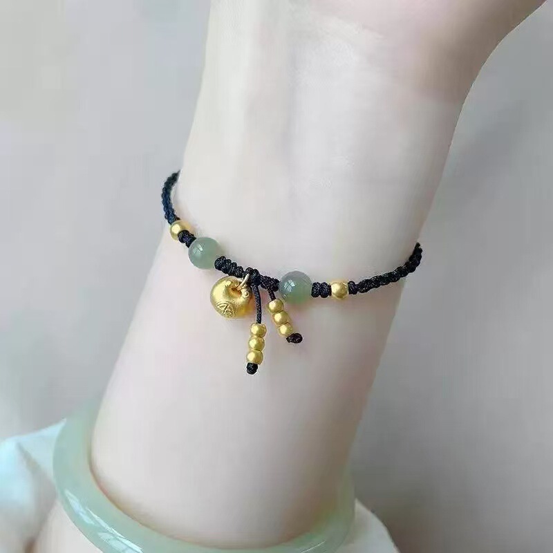 Gold-Colored Chubby Lucky Red String Bracelet for Women with Small Gold Beads and Good Luck Beads, Woven Bracelet, Birthday Gift for Best Friend