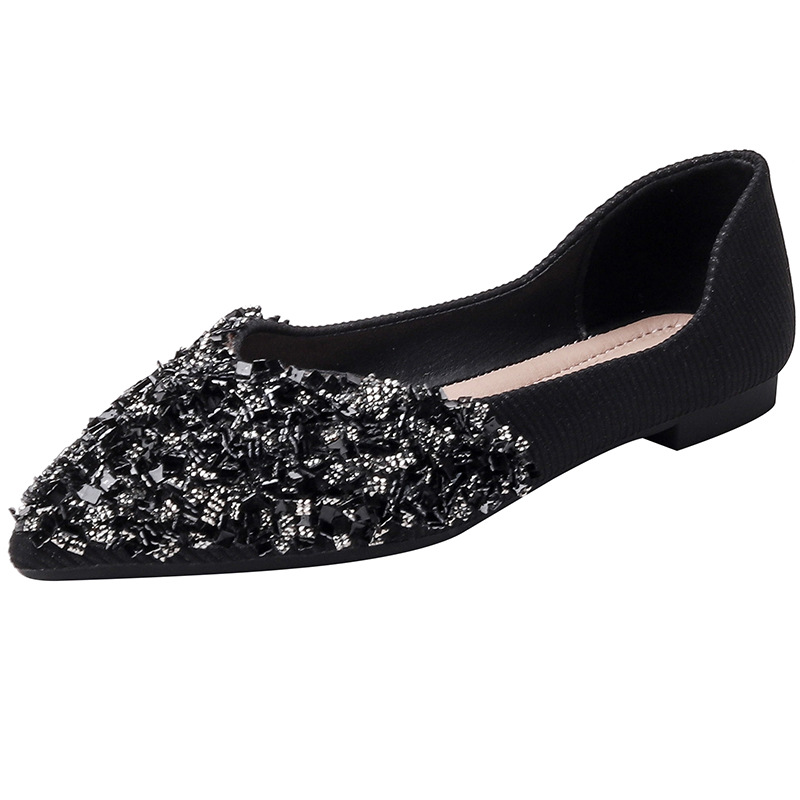 Zapatos de una sola capa de punta estrecha para mujeres 2023 Primavera y otoño nuevos zapatos planos de diamantes de imitación de boca baja zapatos de guisantes de fondo suave zapatos de mujer de talla grande 41-43