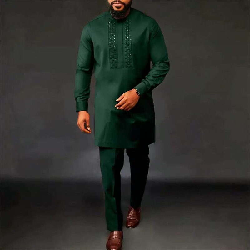 2026Temu Hot-Selling New African Embroidered Ethnic Style Men's Shirt + Pants Classic Two-Piece Set