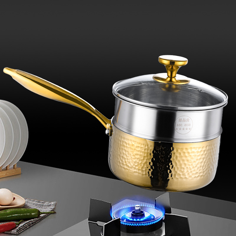 316 de acero inoxidable olla de leche hogar estufa de gas adecuado para el suplemento de alimentos para bebés olla de inducción olla de fideos martillo patrón de nieve olla plana