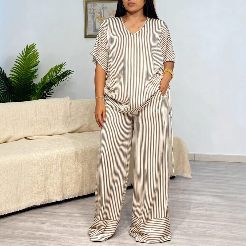 Cross-Border Amazon European and American Fashion Elegant V-Neck Top with Drawstring on Both Sides Straight Pants Plus Size Suit