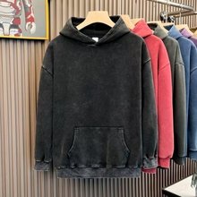 春秋季美式水洗做旧重磅连帽卫衣男街头潮牌宽松纯棉卫衣情侣帽衫