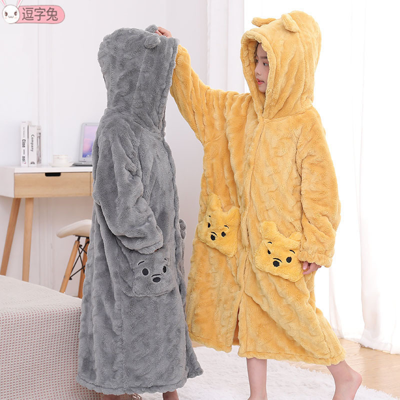 Children's flower-cut nightgown thickened parent-child pajamas medium and big children flannel bear autumn and winter hooded bathrobe girl