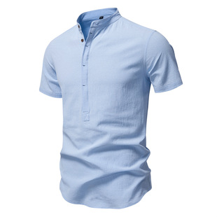 2025 Summer New Cross-border Business Casual Shirt Men's Short-sleeved Cotton Linen Shirt Collar Cotton Shirt Men's