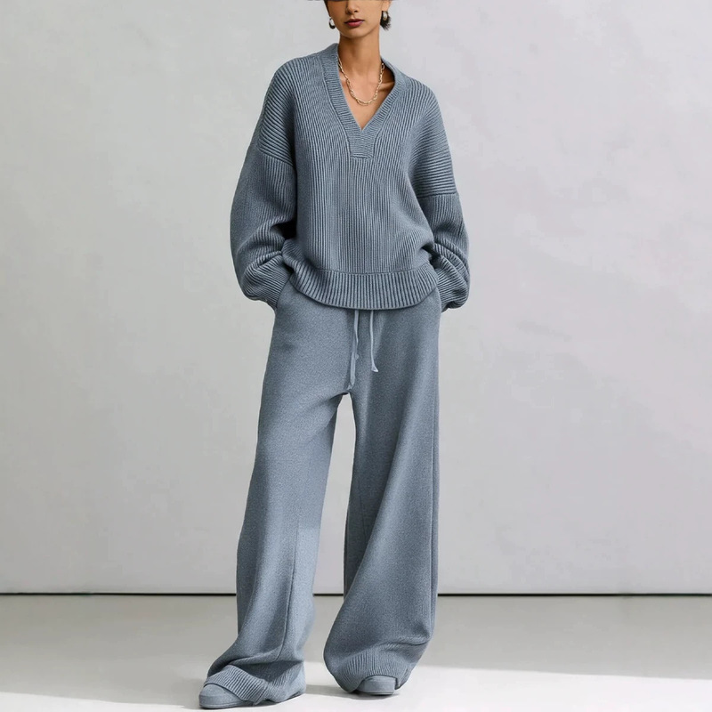 2026 Cross-Border European and American New Autumn and Winter Women's V-Neck Ribbed Knit Drawstring Wide-Leg Pants Set 2026 Cross-Border European and American New Autumn and Winter Women's V-Neck Ribbed Knit Drawstring Wide-Leg Pants Set