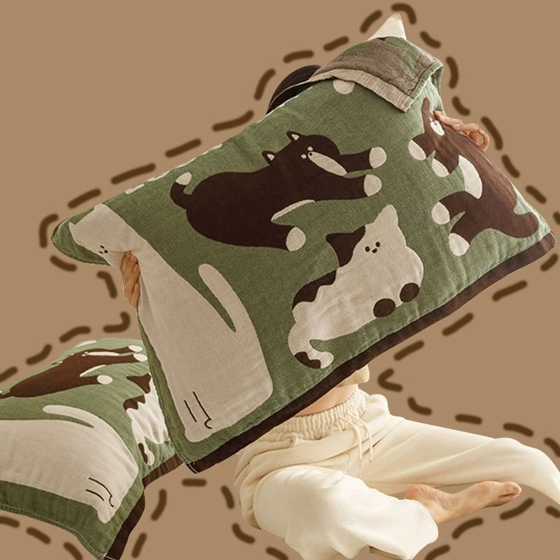 Cartoon 100% Pure Cotton Pillowcase Large Color-Woven Embroidered Four-Layer Pure Cotton Gauze Pillowcase with Cotton Pillow Core Cover