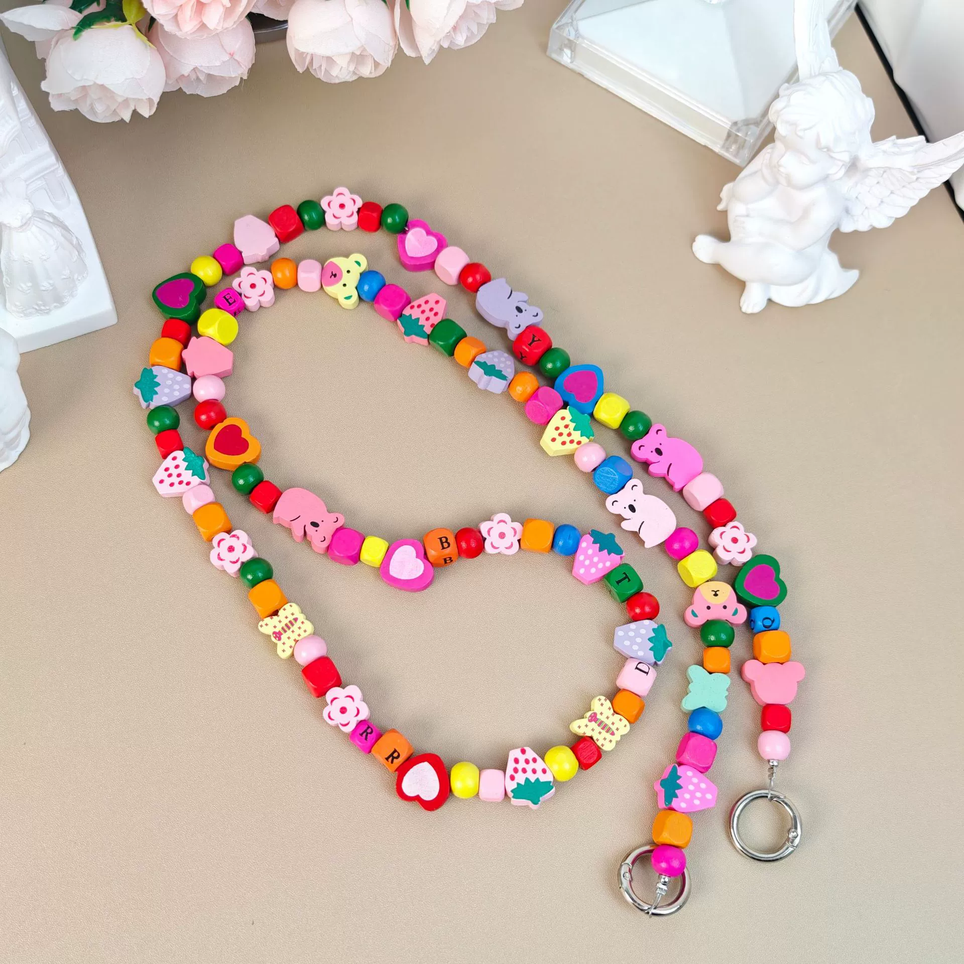 Мультяшный браслет из бисера деревянный цветок длинный любовный мобильный телефон цепочка модный косой с зажимом спинки можно повесить на универсальную цепочку