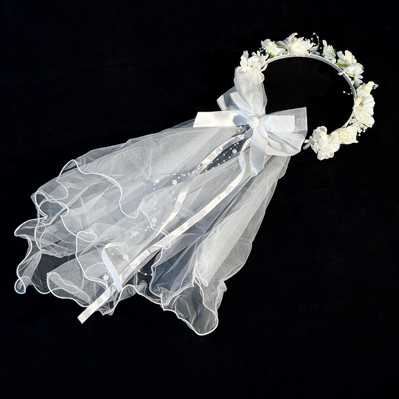 Bridal Wedding Veil Princess Crown Bow Hair Band Pink Rose Petal Curled Mesh Party Headwear