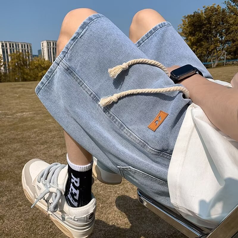2024 Spring and Autumn Hong Kong Style Easiest for Match Jeans Men's Loose Drawstring Leg Casual Dad Nine-Point Pants Blue Cross-Border
