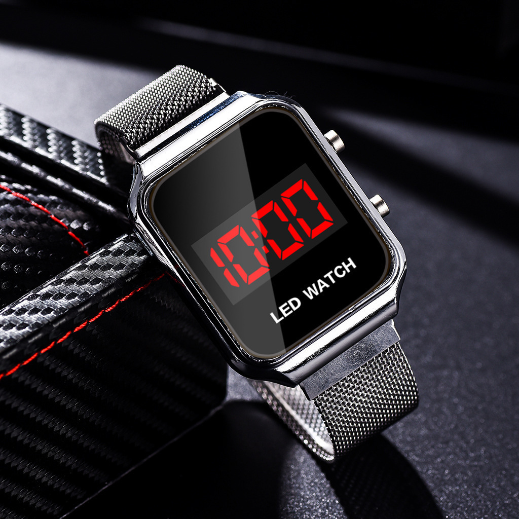 Hot selling push-button electronic watch student sports personality magnet buckle mesh belt led watch_voghion.com