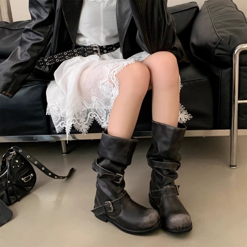 复古百搭瘦瘦中筒骑士靴女秋季棕色直筒张元英同款女团风长筒长靴|undefined