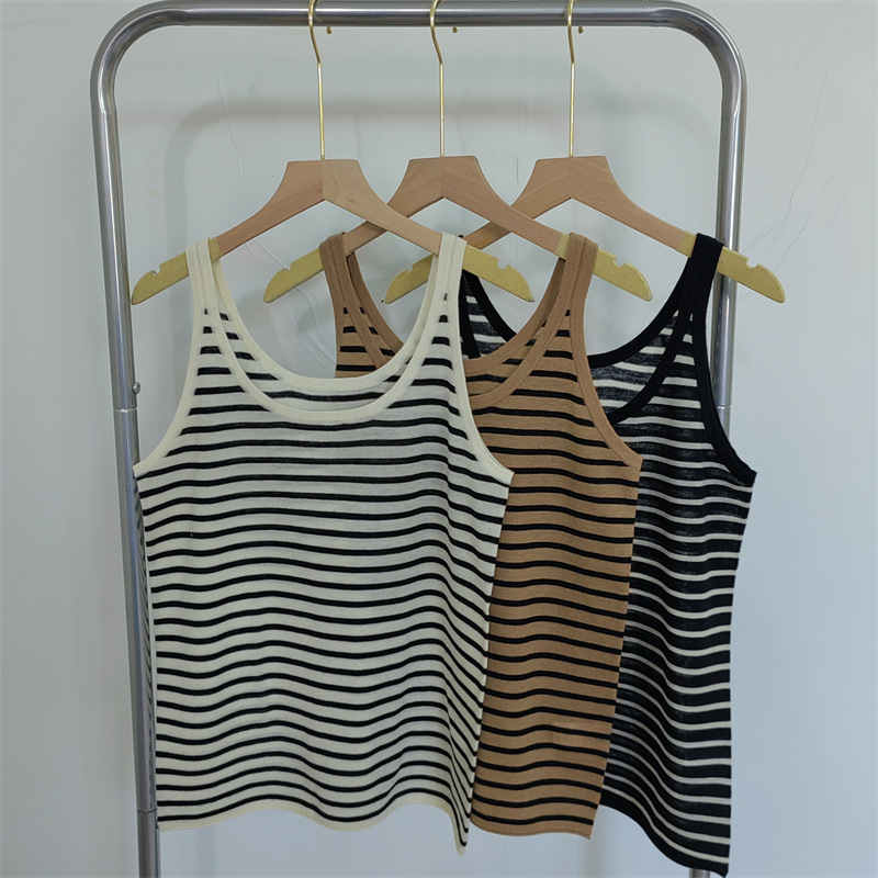 Quality control U-collar worsted cashmere knitted bottoming outer wear striped sleeveless vest women's casual simple top