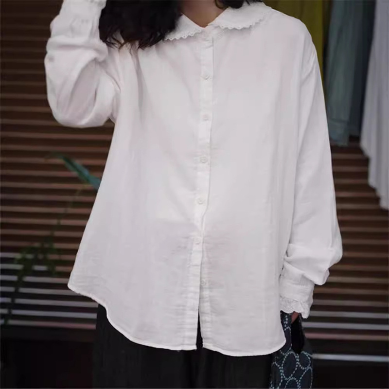 Japanese Mori Style Lace Lapel Double-layer Cotton Yarn Shirt Women's Autumn New Age-reducing All-match Artistic Fresh Style Top