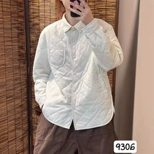 新品休闲百搭夹棉菱形格翻领长袖宽松纯色薄棉衣外套女