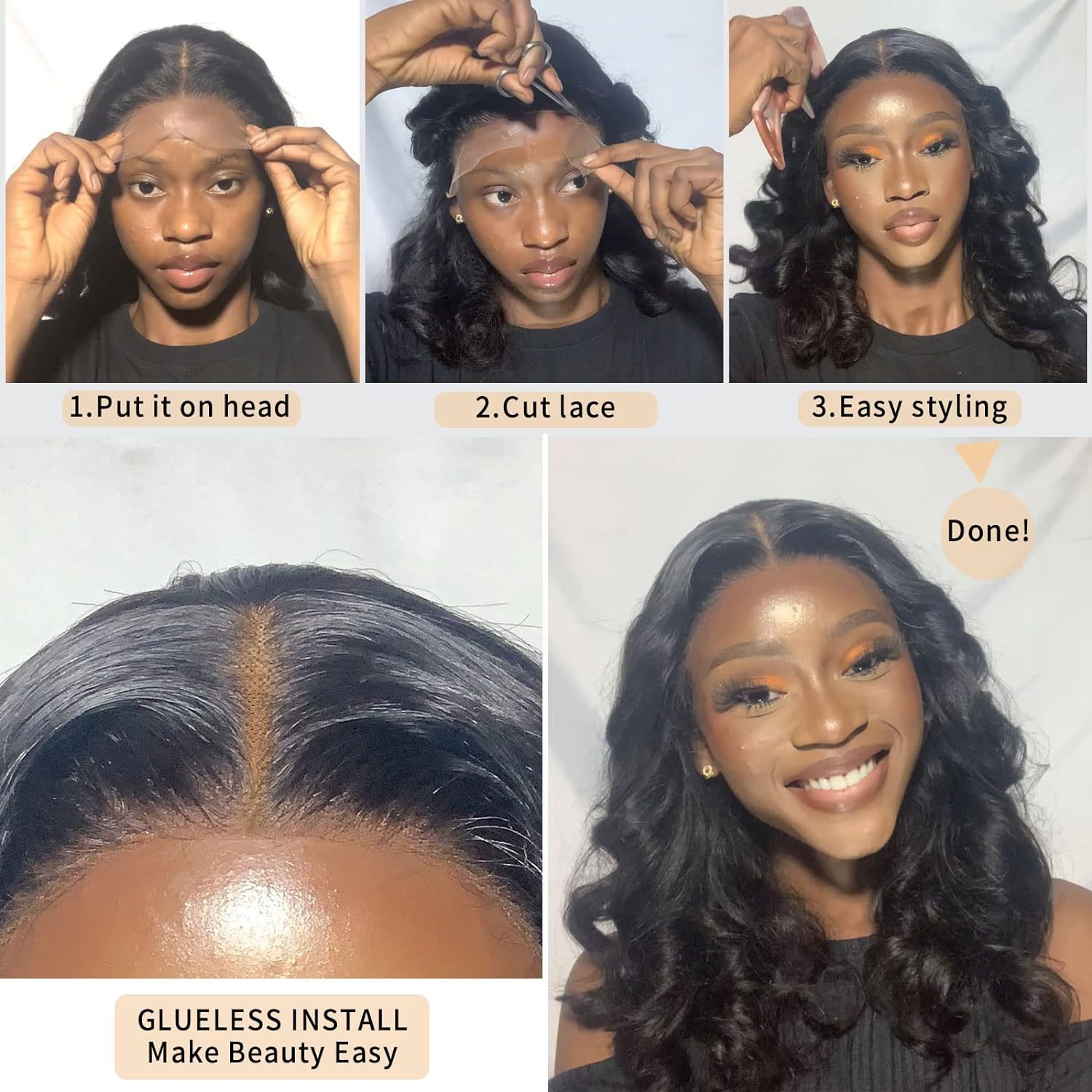 Amazon Peluca de las mujeres europeas y americanas del frente del cordón peluca negro medio corto Pelo Rizado onda grande fibra química sombrerería