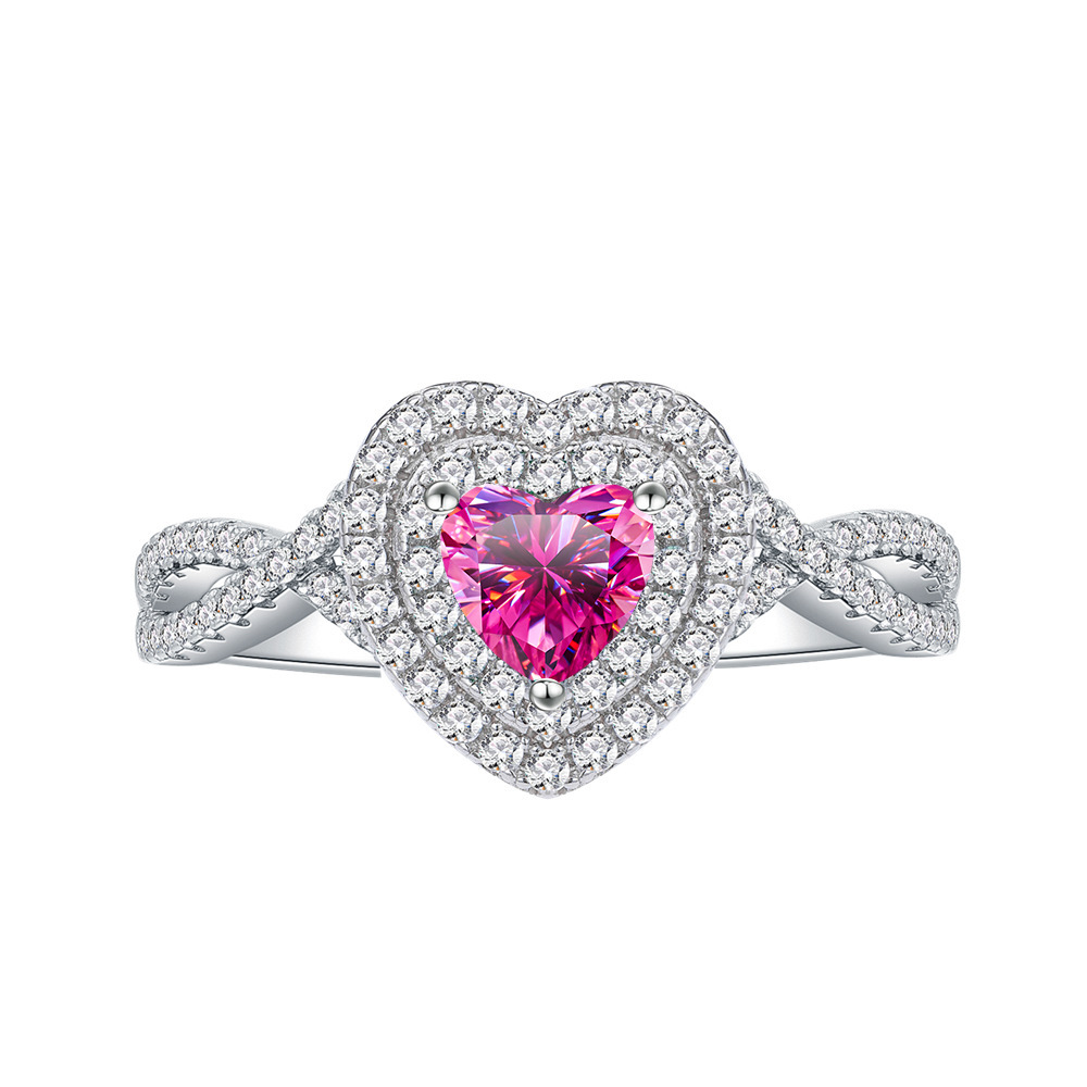 Anillo de diamante de color en forma de corazón de 6 mm de plata esterlina ligera de lujo anillo de compromiso micro-incrustado anillo de mujer transfronterizo venta caliente