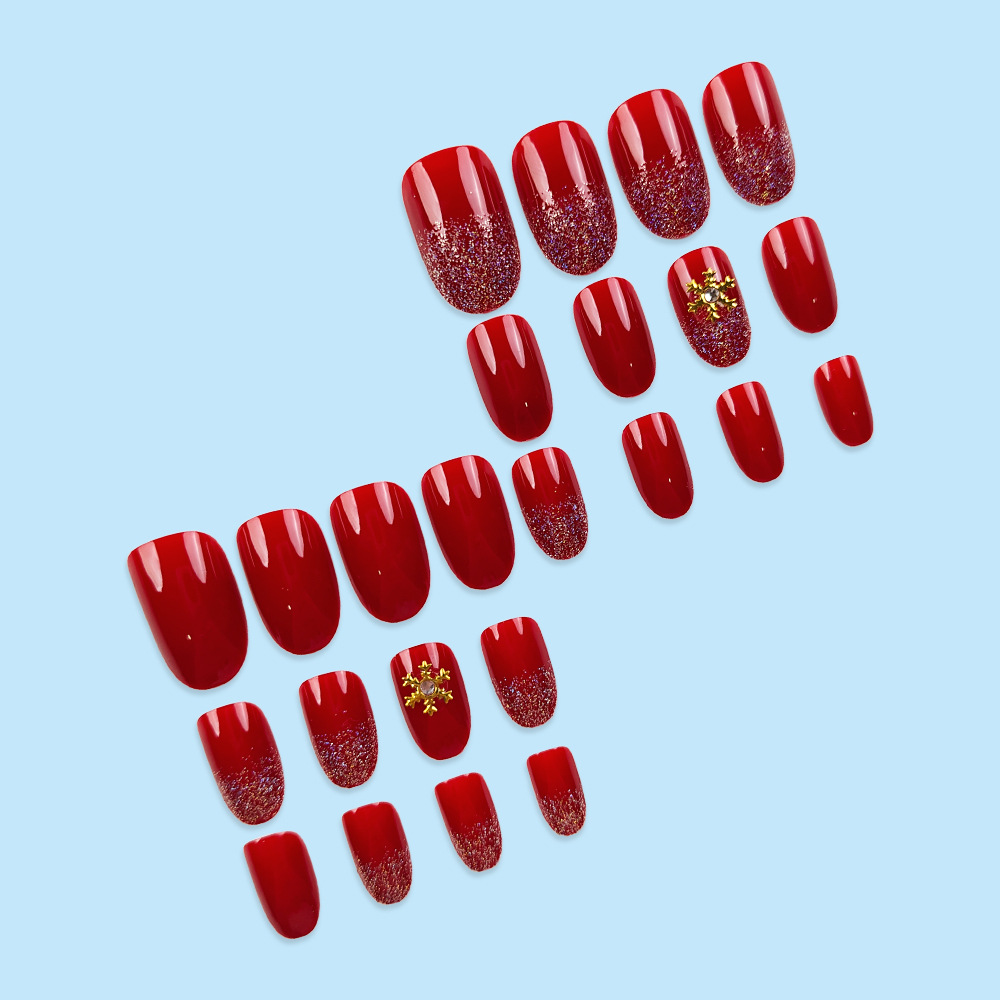 Diamante rojo festivo para usar uñas cortas de oro copo de nieve de uñas exquisitas únicas 24 piezas de parche de uñas falsas