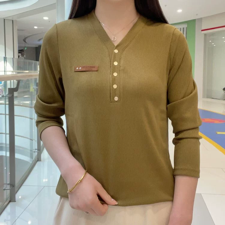 Осенняя новая футболка с V-образным вырезом с длинными рукавами для женской моды