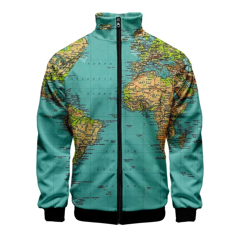 Men's Spring and Autumn New Loose Outdoor Casual Men's Jacket Map Printed Collar Zipper Top