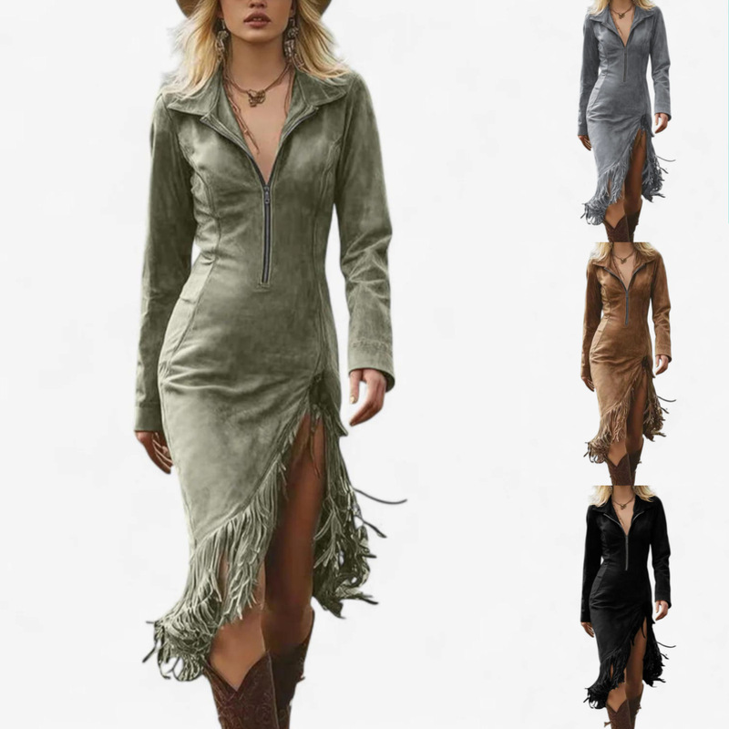 25 Spring and Autumn European and American Cross-Border Amazon Casual Western Suede V-Neck Long Sleeve Tassel Irregular Popular Long Dress 25 Spring and Autumn European and American Cross-Border Amazon Casual Western Suede V-Neck Long Sleeve Tassel Irregular Popular Long Dress