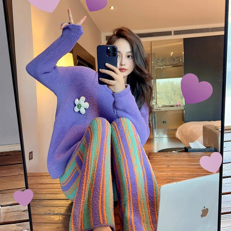 半边绒睡衣女秋冬季新款加绒加厚韩版可爱休闲宽松保暖家居服套装|undefined