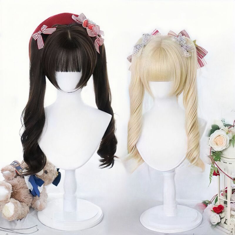 Lolita-Style Long Curly Wig with Double Ponytails, Cute Everyday Curly Ponytails, Anime Face-Shaping Cosplay Full Wig