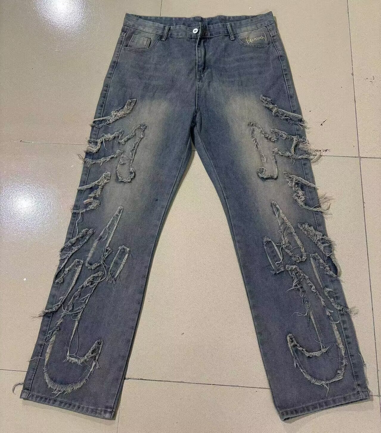 Vintage Embroidered Straight Leg Jeans For Men & Women – Relaxed Fit, Streetwear Fashion, Cotton Denim Pants (Black, Blue-Yellow)​_mkmklike.com