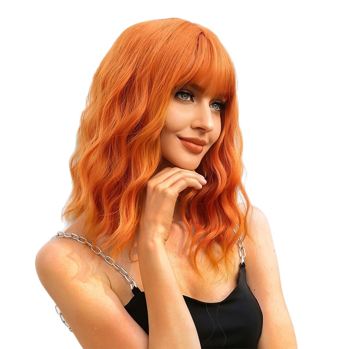 Comercio exterior transfronterizo estilo europeo y americano naranja Qi flequillo pelo corto rizado bobo cabeza peluca cubierta completa cubierta de pelo de moda natural
