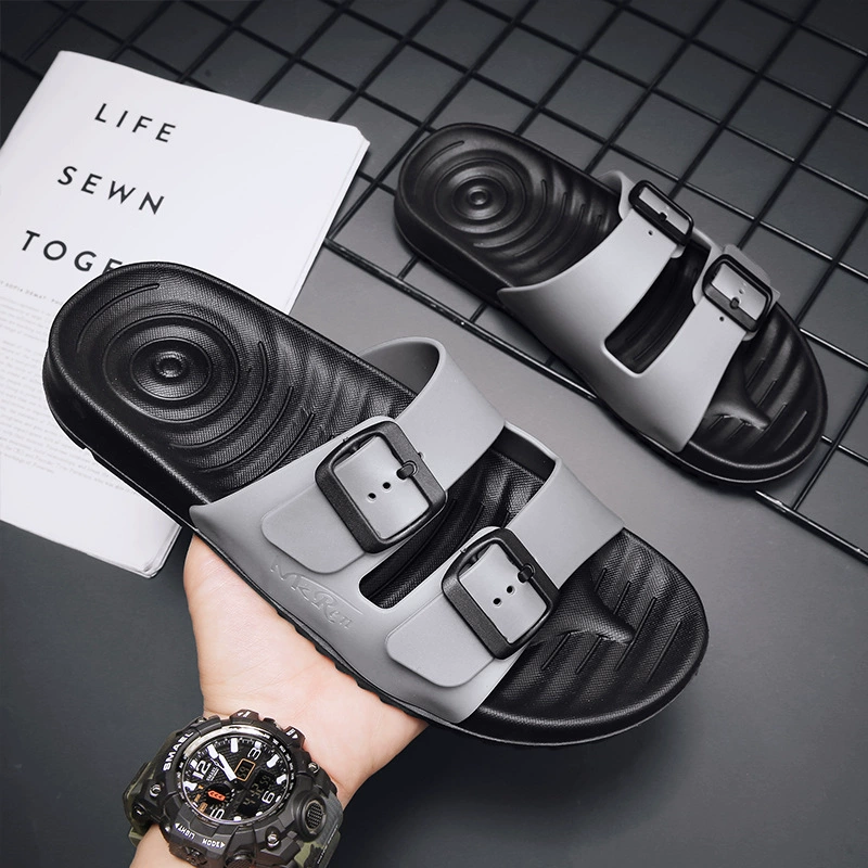 Мужские сандалии с ощущением экскрементов как дома оптом, Нескользящие тапочки с мягкой подошвой, персонализированные пляжные туфли с откидной пуговицей на толстой подошве, летний отдых