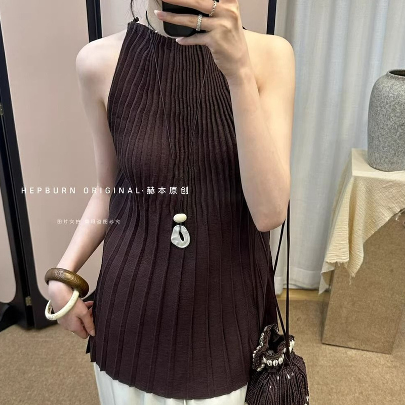 クロスボーダーヘップバーンプリーツホルターネックトップ女性の夏フレンチデザインニッチ気質ルーズノースリーブベスト痩身|undefined
