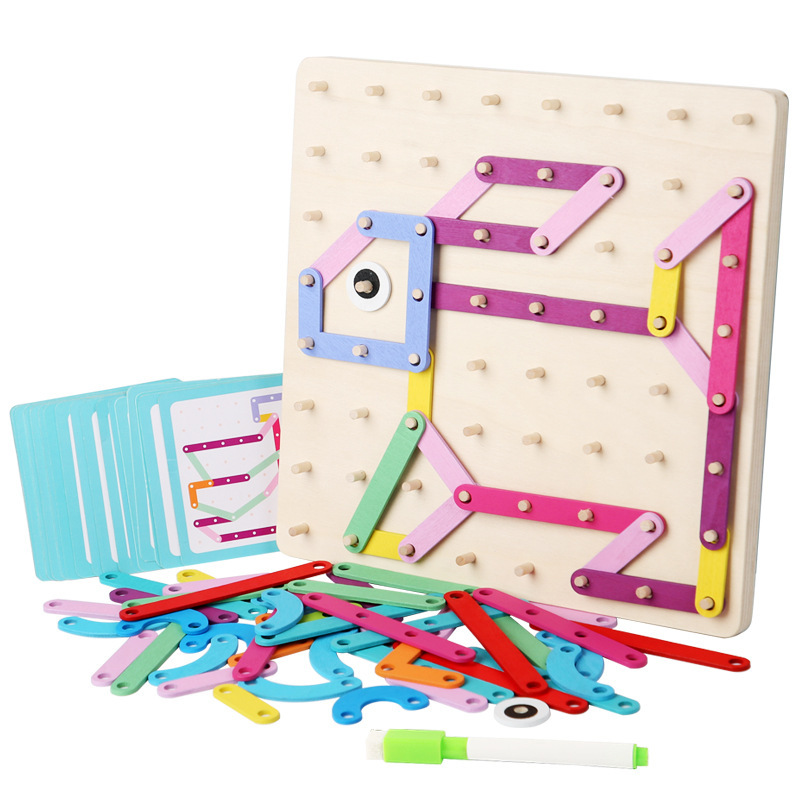 Montessori de madera geométrica creativa tablero de uñas rompecabezas infantil tablero de dibujo gráfico dos en uno educación temprana juguetes cognitivos educativos