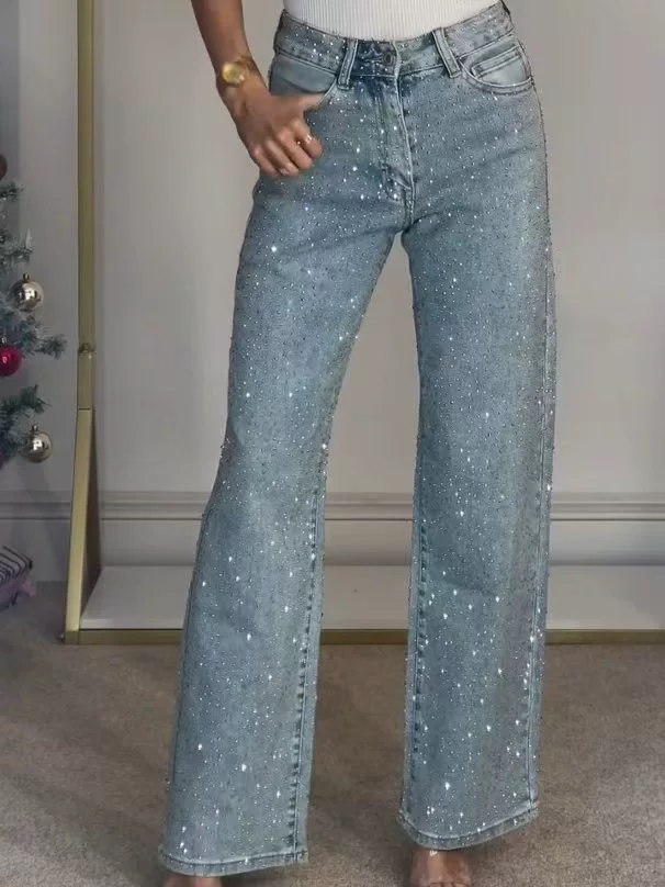 Jeans loose straight fit, American style, diamond-encrusted high-quality design, sizes S–L
