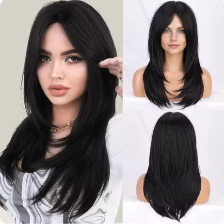 European and American wig ladies black long straight hair chemical fiber eight-character bangs cross-border foreign trade headgear high temperature wire wigs