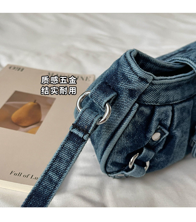 Túi đeo chéo nữ dáng hộp nhỏ kẹp nách vải denim xếp nếp phong cách Hàn Quốc — Cao bồi xanh, Màu xanh cổ điển, đen chi tiết 5