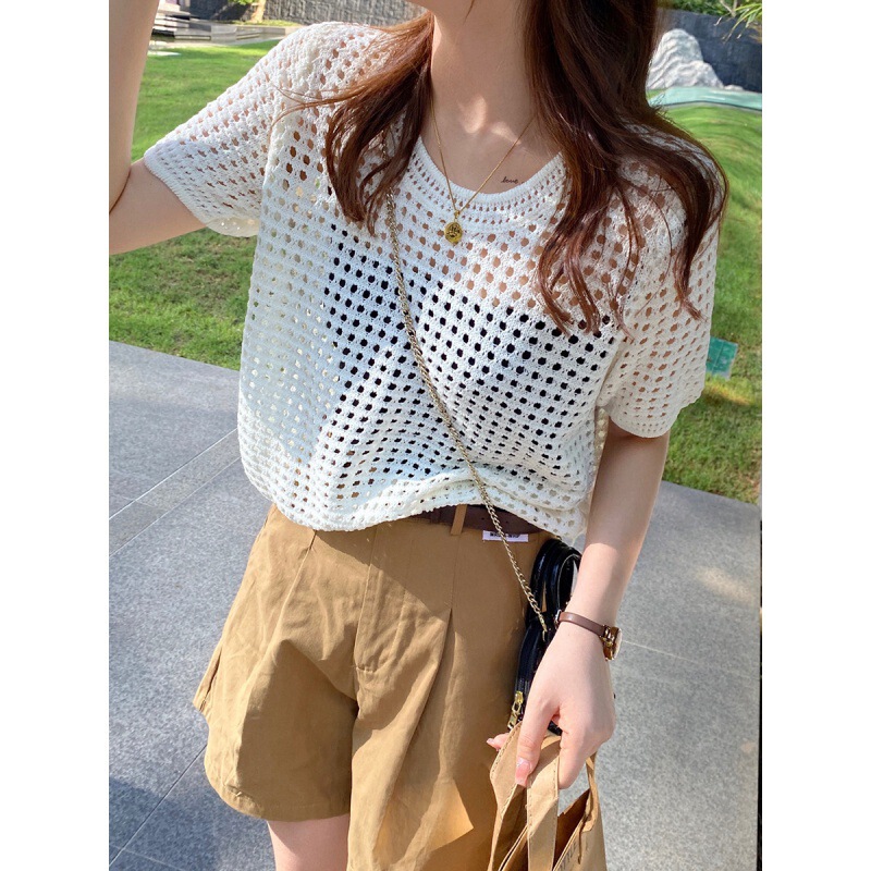 Knitted Short-Sleeved Women's Summer Round Neck Mesh Mesh Mesh Woven Hole Fishnet Mesh Ice Silk Clavicle Stacked Cut Out Top