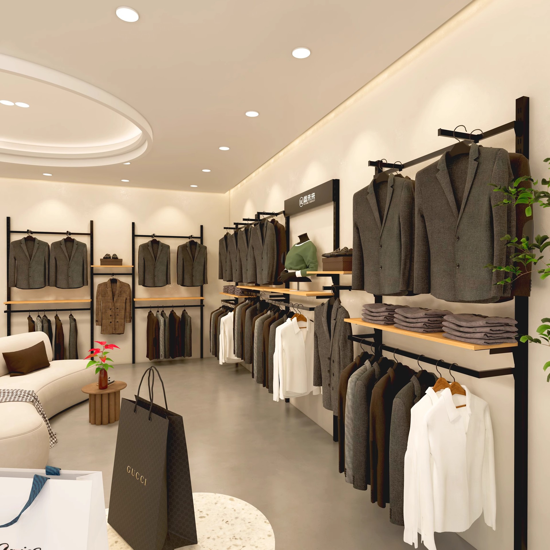 Marca de ropa de hombre transfronteriza estante de exhibición de tiendas de ropa de trajes estante de abrigo de alta gama mostrador de centro comercial estante de exhibición tipo piso