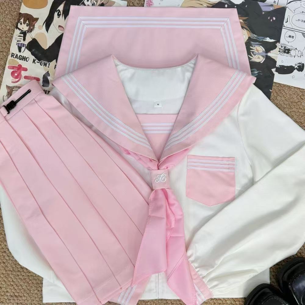 Original pink three-piece JK sailor suit, Japanese-style school uniform, authentic design, youthful and sweet aesthetic, pink and white set with a short skirt