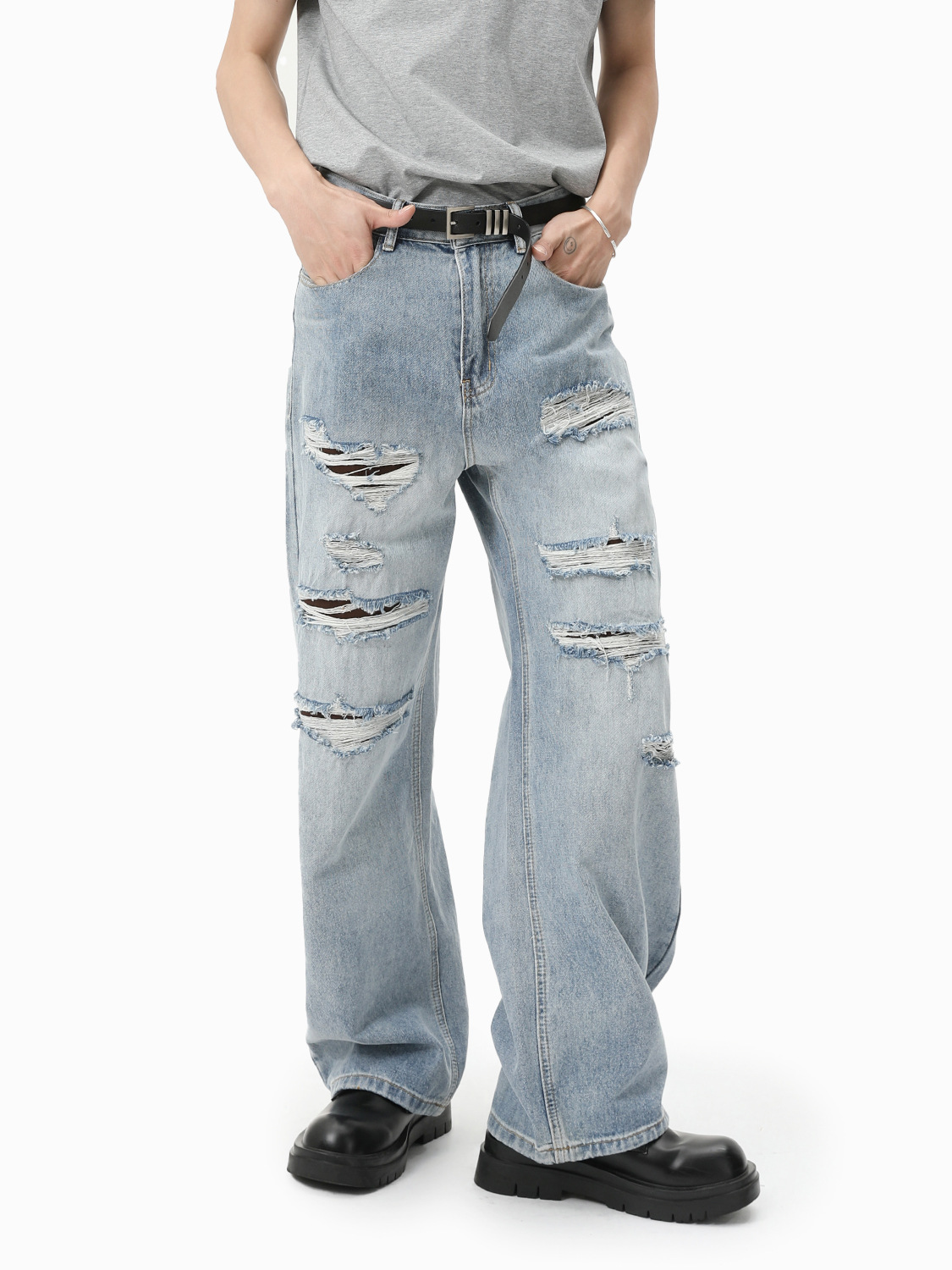 MTLCLOTHES Hombres| Hacer viejos agujeros vibe desgastado tendencia casual rectas sueltas lavados jeans