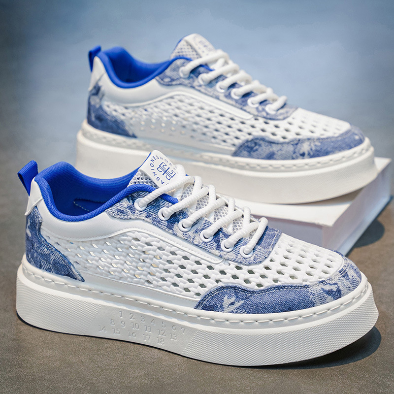 Zapatos masculinos en verano, superficie de malla tejida transpirable, zapatos deportivos y de ocio, zapatos de moda antideslizantes para hombres, suelas gruesas y zapatos blancos altos image 5