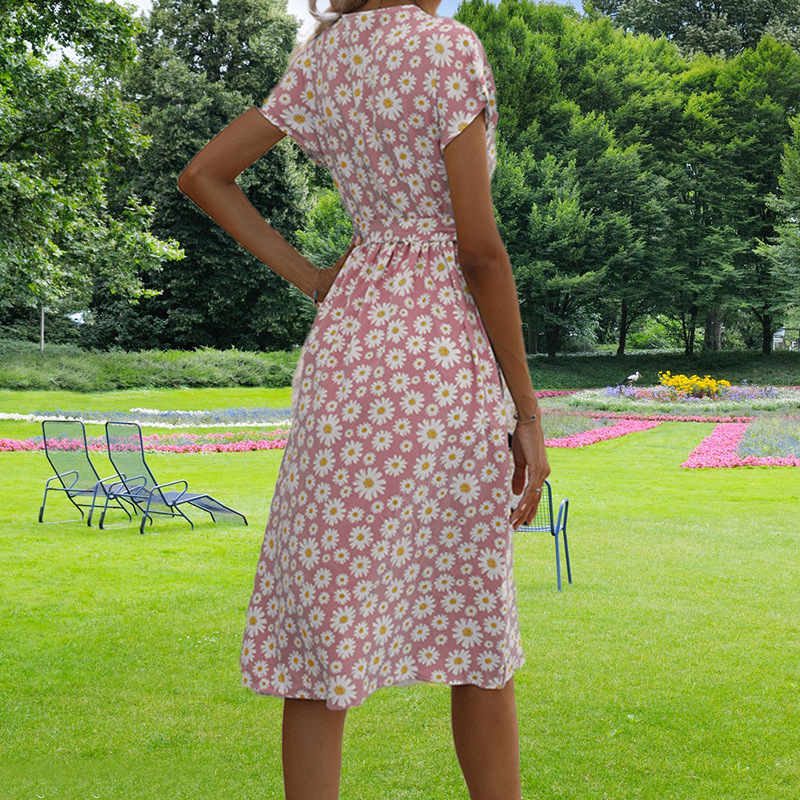 Women Stylish Long Dress Waist‑Cinch Design With All‑Over Print, Tie‑Waist & High Slit_ecoleips.com