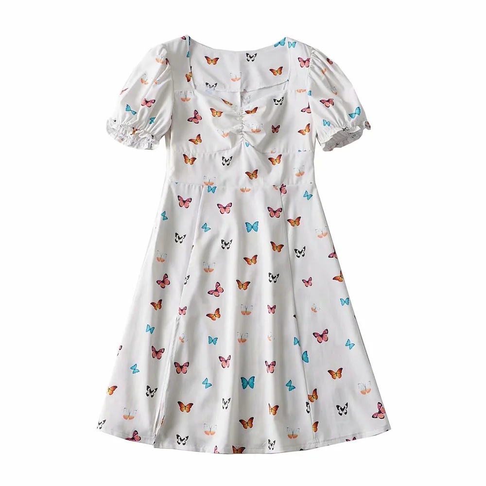 temperament butterfly print puff sleeve dress NSAC34040