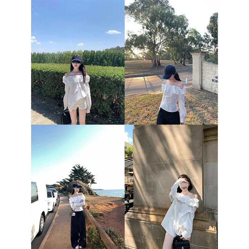 YUYUREAL Love at First Sight White Flower Collar Off-Shoulder Shirt Top Women's Spring and Autumn Long Sleeve Shirt
