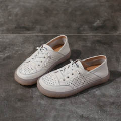 2024春夏新款小白鞋女鏤空休閒單鞋白色平底套腳橡膠軟底頭層牛皮